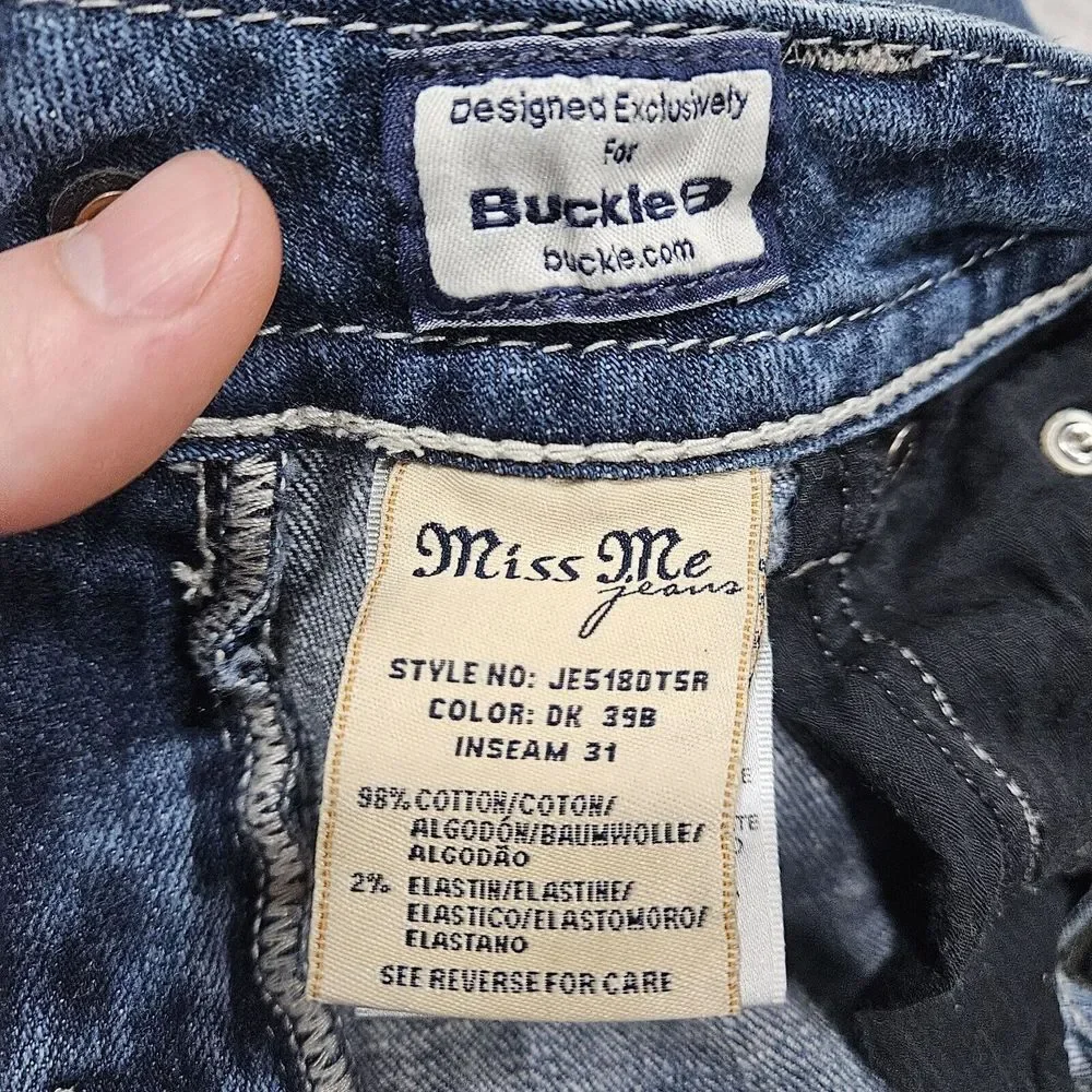 Miss Me Low Rise Distressed Denim Straight Jeans 28 Studded Flap Pockets Bling - Picture 11 of 12